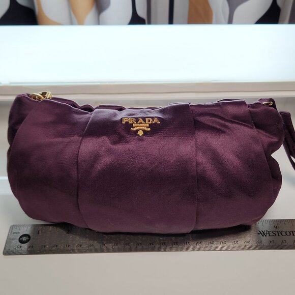 Vintage Prada Mini Wristlet Bag in Purple Eggplant Satin Fabric w Gold Hardware - Picture 14 of 16